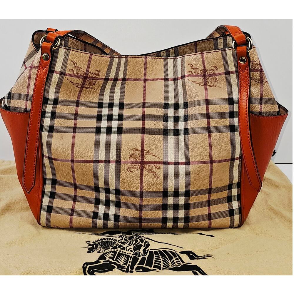 Burberry Orange Leather Haymarket Check Coated Canvas Canterbury Tote Bag - Picture 3 of 16